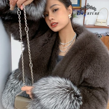 Женское пальто из натурального меха лисы, длина 55 см, v-образный вырез, манжеты из меха чернобурки, зимняя куртка для девочек, тренд уличной моды, короткое поколение