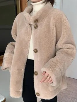 Новинка зимы 2023 года, женское пальто из зернистой бархатной шерсти ягненка, корейский стиль, утолщенный мех Каваи, модный воротник-стойка, пальто из натурального меха.