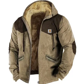 Осенне-зимняя мужская свободная бархатная толстая теплая толстовка с капюшоном и принтом, куртка на молнии, пальто