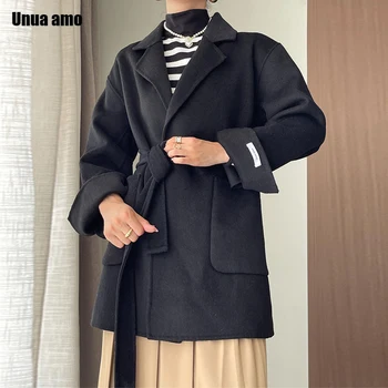 Женские шерстяные пальто средней длины 2024, Новая простая элегантная двусторонняя куртка из 100% шерсти, верхняя одежда на осень-зиму