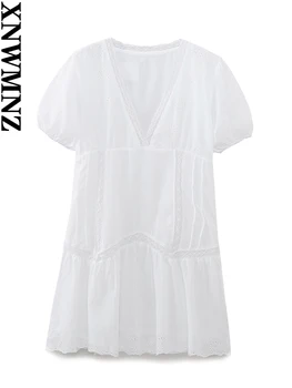XNWMNZ 2023 Женское модное короткое платье с вышивкой, женское винтажное платье с V-образным вырезом и коротким рукавом, повседневные универсальные женские платья