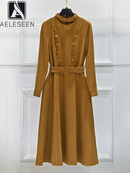 Осенне-зимнее платье AELESEEN 2023, Подиумная мода, длинный рукав, Двубортный Элегантный пояс, Хаки, вечеринка, Отпуск, Офисные дамы