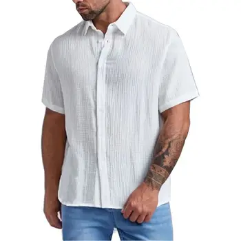 Летние мужские рубашки Свободные хлопчатобумажные льняные Однотонные шорты с морщинками, рубашка с отложным воротником и пуговицами для мужчин, блузка, топ, плюс размер 4XL